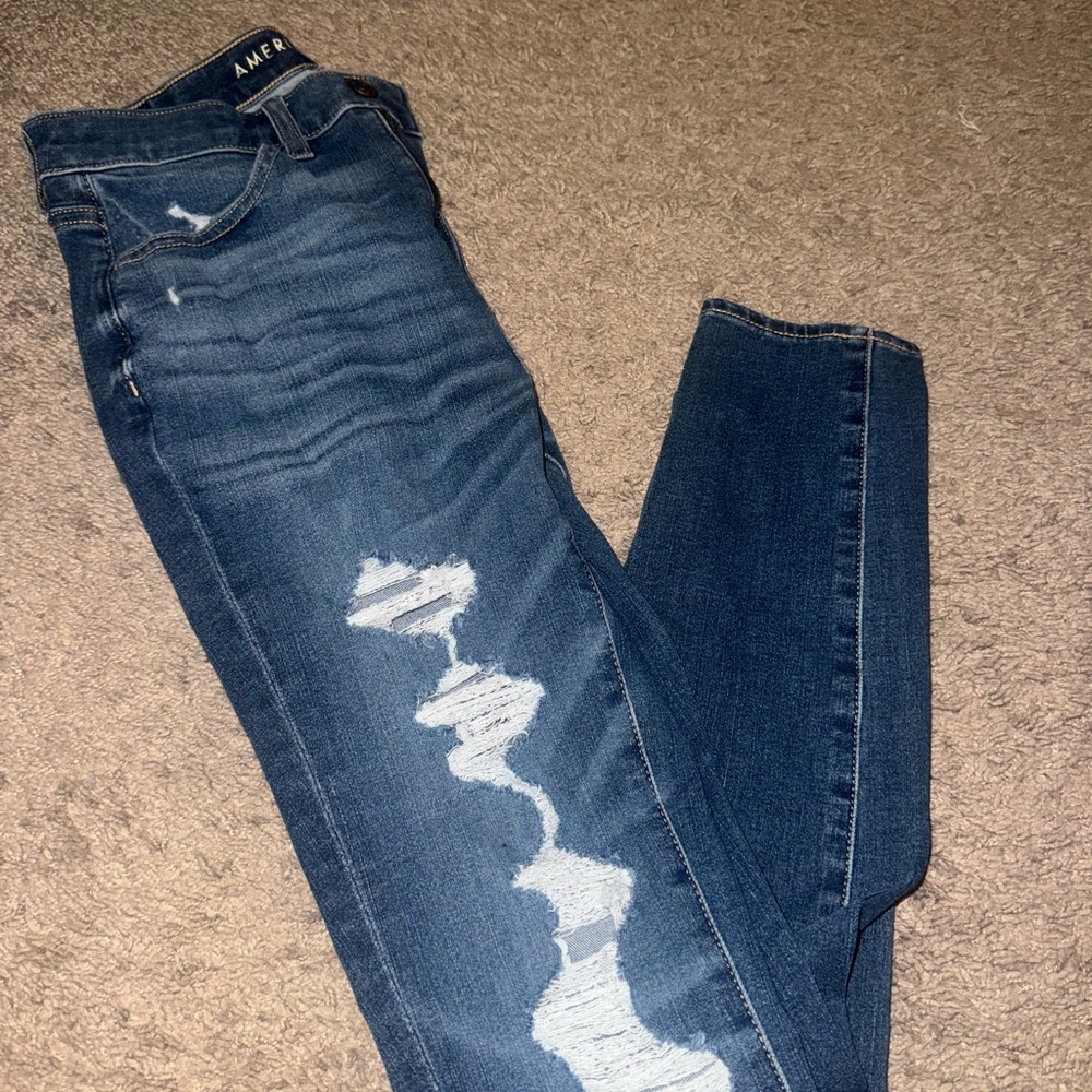American Eagle Outfitters Blue Skinny Jeans with Distressed Detail